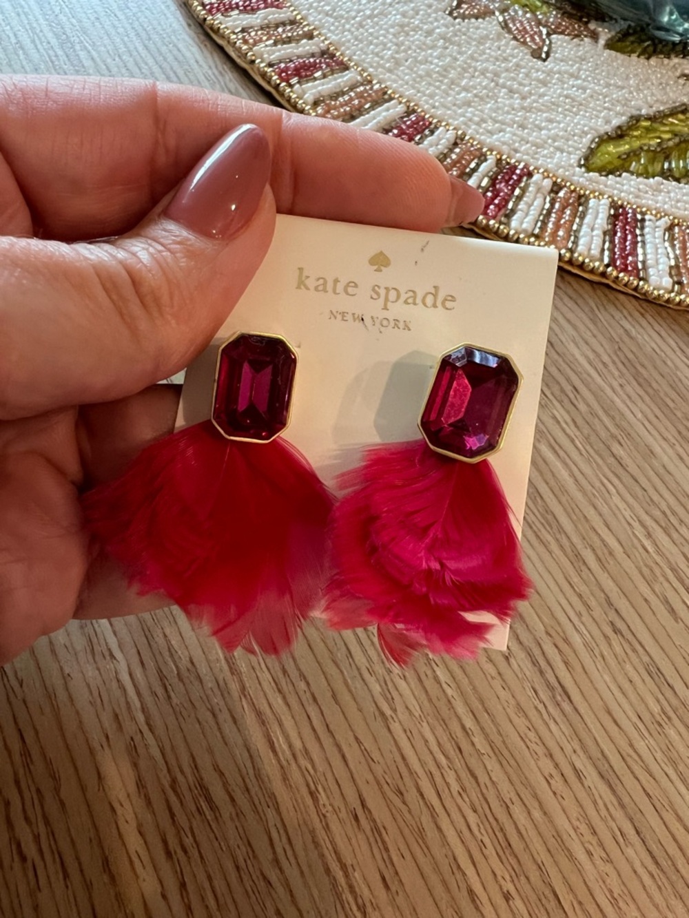 kate spade hot pink gemstone feather drop earrings